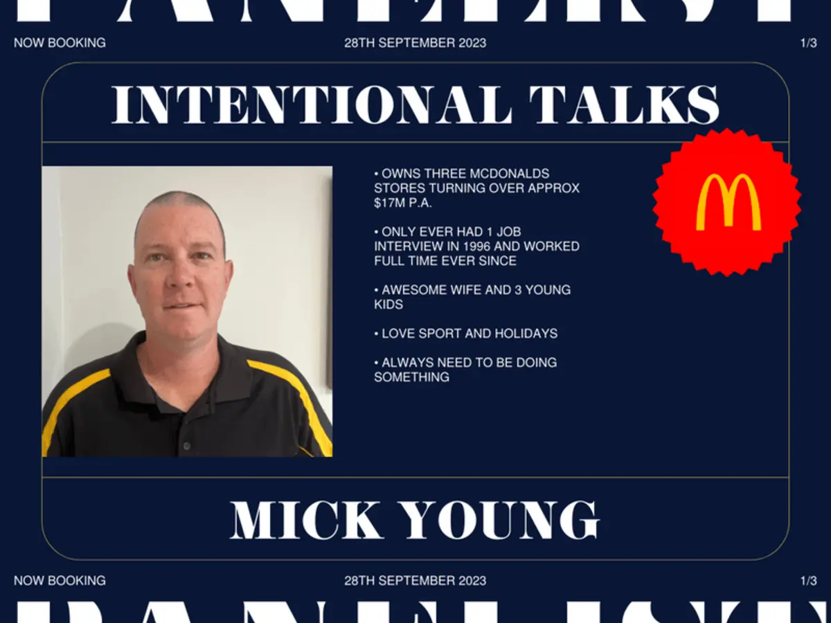 Promotional poster for an Intentional Talks session featuring Mick Young